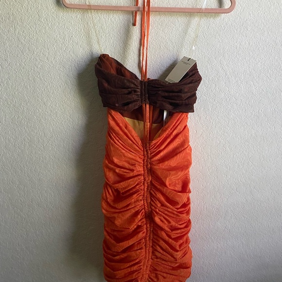 Mistress Rocks Let Me Go Chocolate Orange Print Ruched Halter Mini Dress Size S - Picture 2 of 13